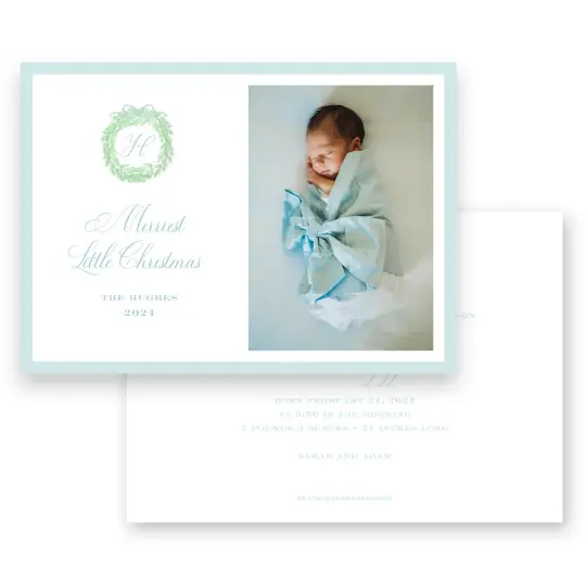 Watercolor Green Monogram Wreath with Blue Ribbon Bow Landscape Holiday Card