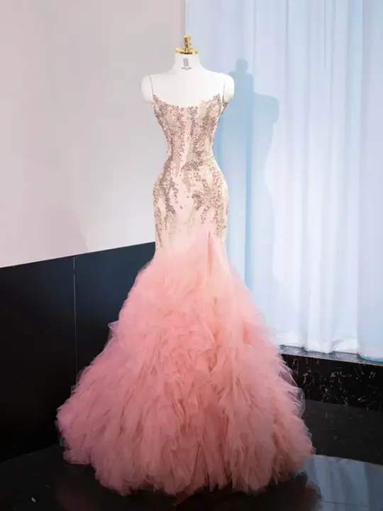 Light pink halter-neck, fitted, bodycon, sexy fairy-like long ball gown, bridal dress R9008