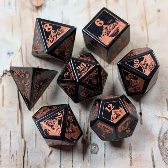 Everwild Obsidian Glass Dice – Forest & Mountain Etched 7-Piece Set | Fennek & Finch