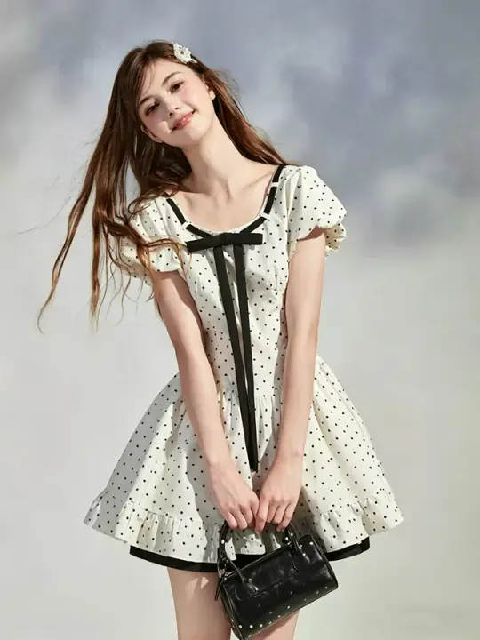 White Polka Dot Mini Dress with Black Bow and Puff Sleeves R9213