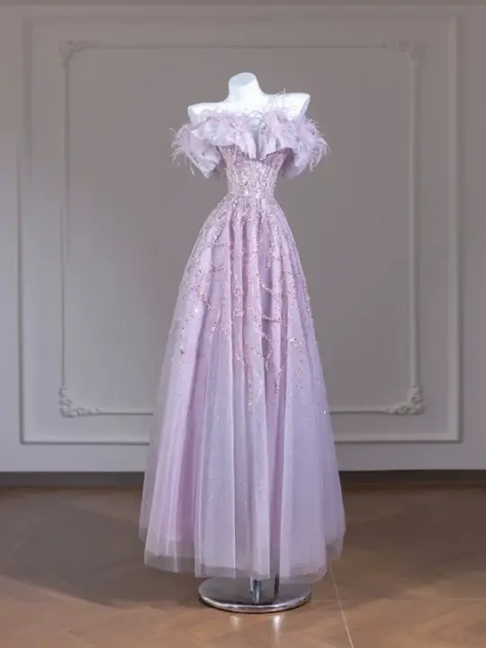Light purple off-shoulder sequined long ball gown R8273
