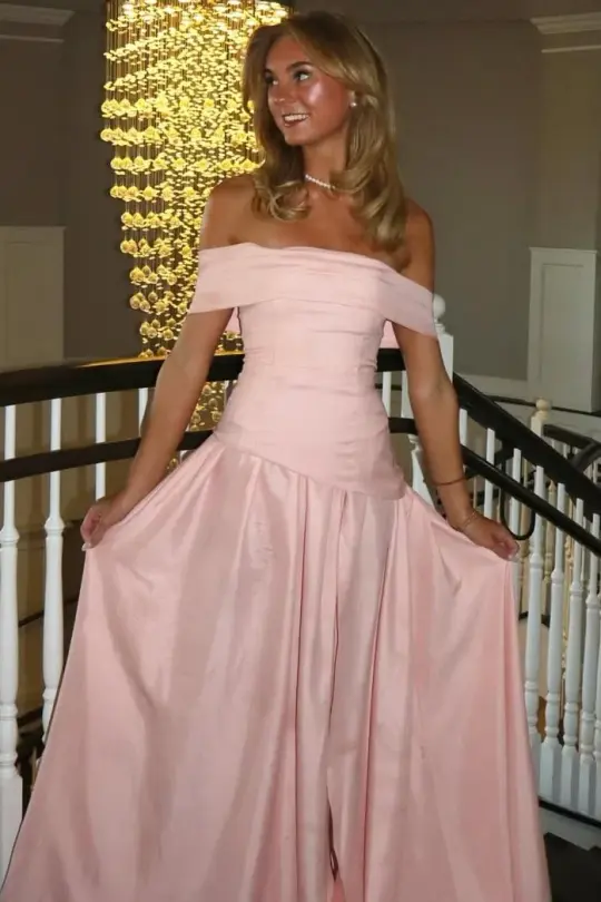 Cute Pink Satin Long Evening Dress Off-shoulder Sheath Prom Dress RS001