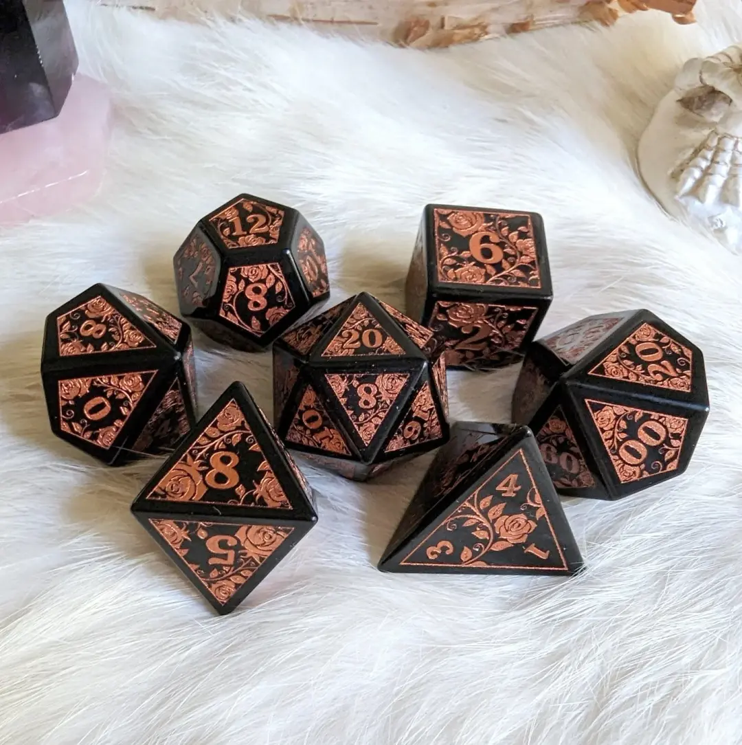 Obsidian Rose Dice Set – Black Glass Engraved Gemstone DnD Dice | Fennek & Finch