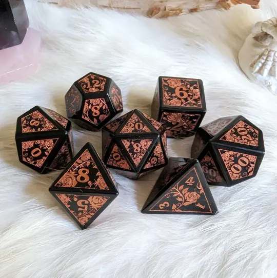 Obsidian Rose Dice Set – Black Glass Engraved Gemstone DnD Dice | Fennek & Finch