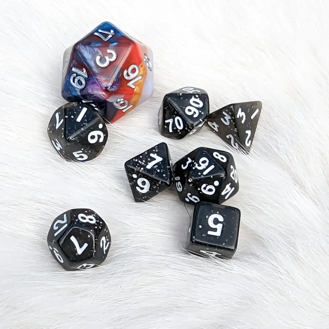 Black Glitter Mini Dice Set. 7 Piece Polyhedral DND Dice