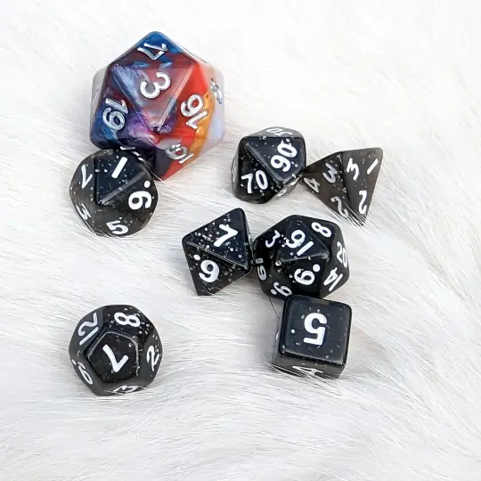 Black Glitter Mini Dice Set. 7 Piece Polyhedral DND Dice