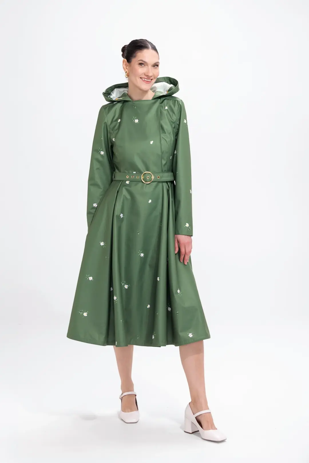 Double Breasted Trench Coat in Green with Flower Print | Primrose in Bloom