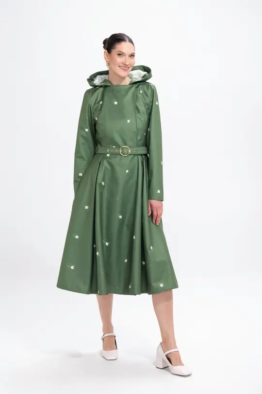 Double Breasted Trench Coat in Green with Flower Print | Primrose in Bloom