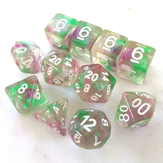 Mystic Swirl Dice Set – Clear Resin with Purple & Green Ink (11-Piece)