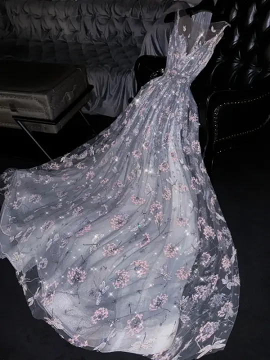 Light gray-blue round neck fitted waist sexy long ball gown, bridal dress R8753