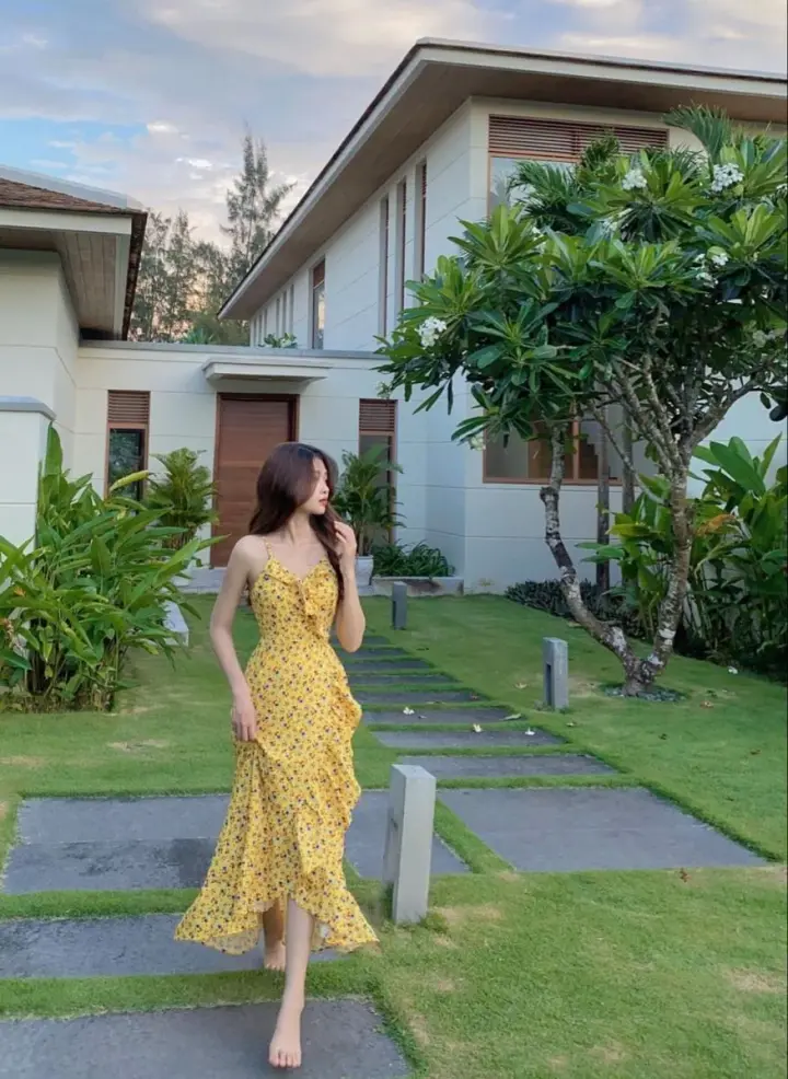 Flowy Chiffon Floral Women's Prom Gown Yellow Maxi Evening Dress Birthday Dress — Fall Outfit 2026 New  RS3427