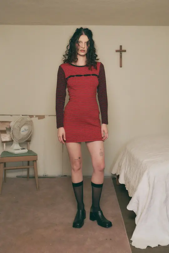 1 left- calvin Long Sleeve Snap Mini Dress Blood Stripe
