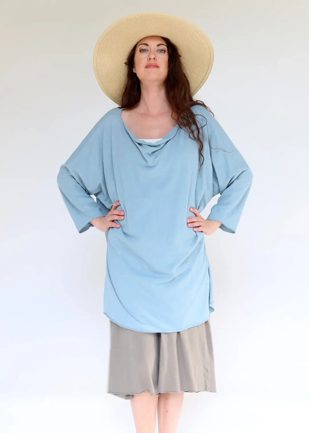 SAMPLE SALE - Float Neck Poppy Tunic Kaftan / 2XS-S / Light Hemp / Lagoon / (103)