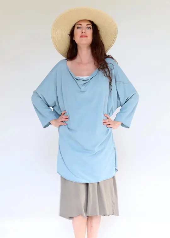 SAMPLE SALE - Float Neck Poppy Tunic Kaftan / 2XS-S / Light Hemp / Lagoon / (103)