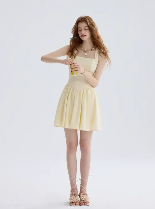 Lemon honey tea yellow dress French suspender skirt holiday wear short skirt skirt female summer R3450