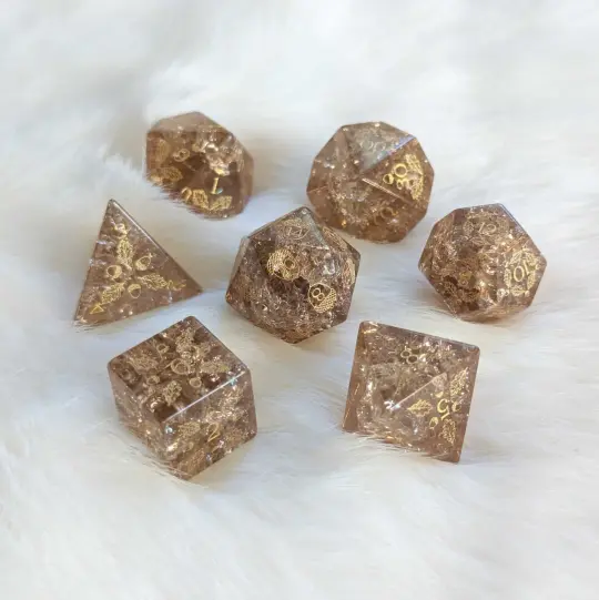Acorn and Oak Glass Dice Set – Brown Lightning Engraved Gemstone Dice | Fennek & Finch