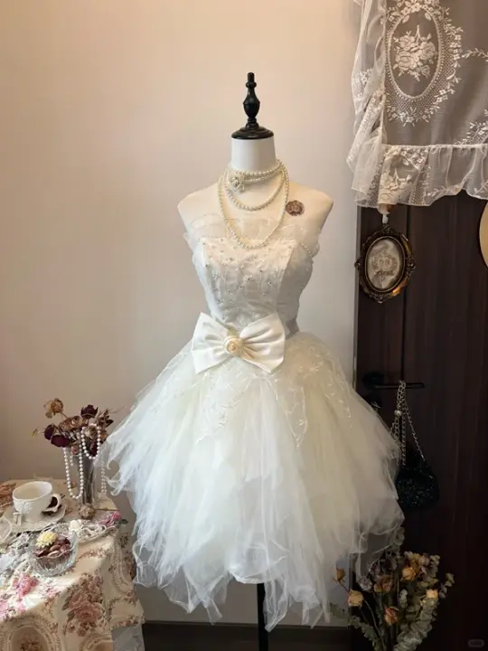 White satin tube top waist slim irregular tulle skirt short skirt homecoming dress R4285