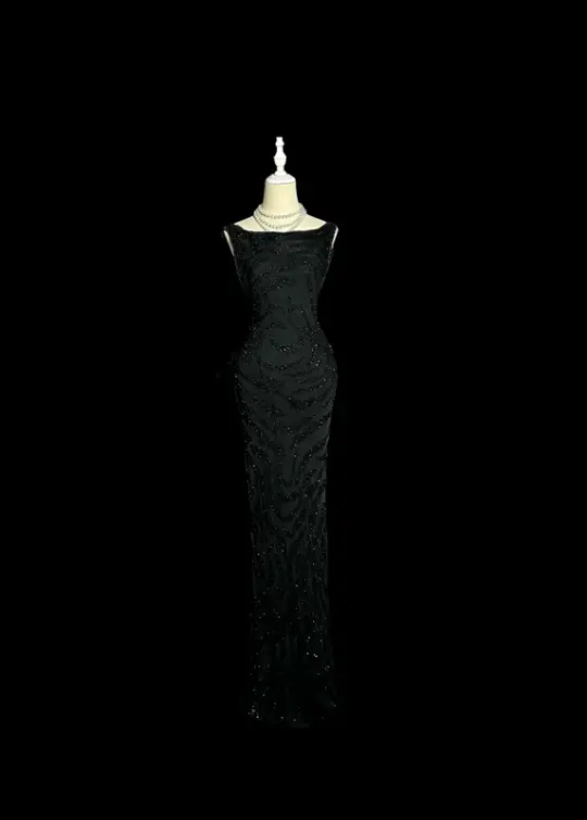 Black sleeveless sequined fitted waist sexy ball gown R6613