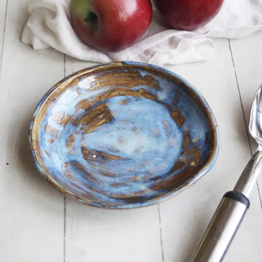 Large Spoon Rest in Rustic Blue Swirly Glaze, Handmade Utensil Dish, Made in USA