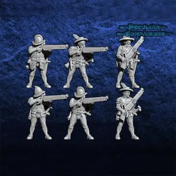 Unpainted 28mm 3D-printed Spanish arquebusiers in morion helmets, 6 miniatures — tabletop miniatures for historical wargaming, D&D & Pathfinder
