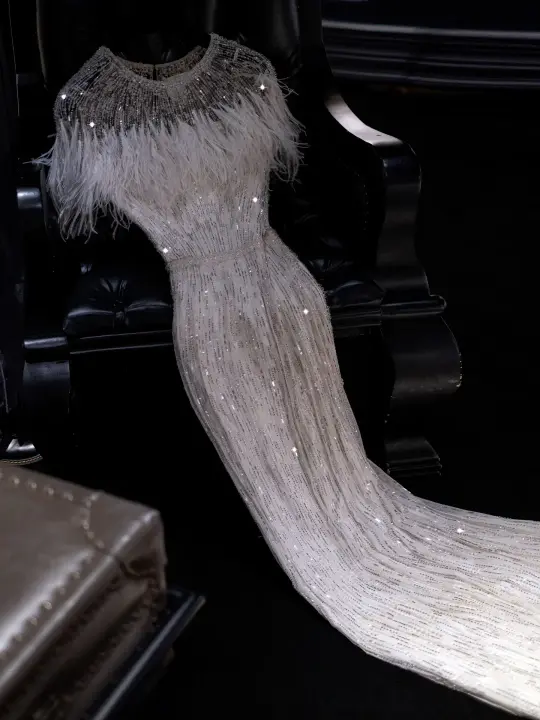White sequined strapless shawl fitted long ball gown/bridal dress R8823
