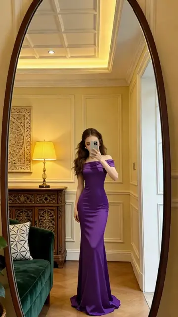 Purple off-the-shoulder fitted long sexy ball gown R8612
