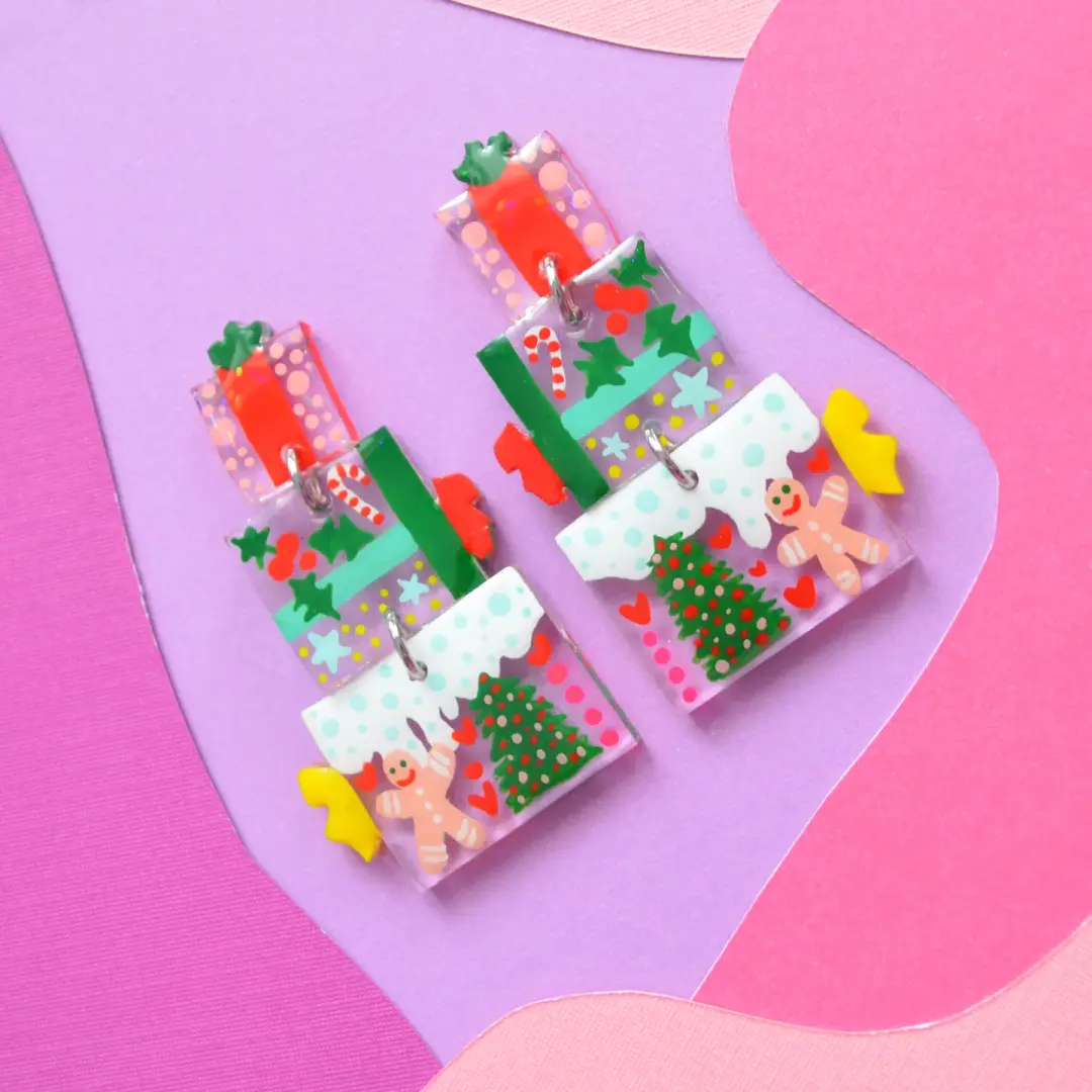 Christmas Present Acrylic and Resin Hand Painted Earrings