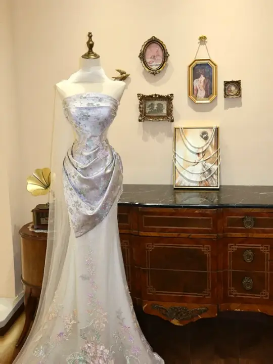 Gray strapless fitted ball gown R7169