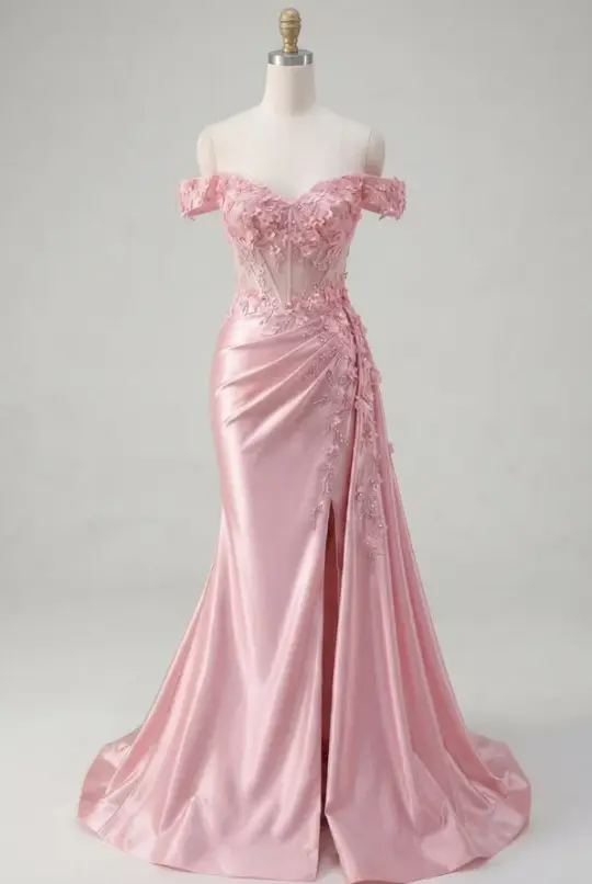 Sparkly Rink Prom Gown , Floral Romantic High-slit Bodycon Maxi Birthday Dress RS1421