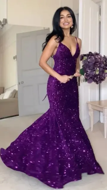 Sparkly Mermaid Sexy Prom Gown , Deep Purple Women's Maxi Evening Dress Ball Gown RS2695