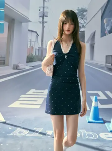 Navy Blue Polka Dot Halter Neck Mini Dress Women Lace Trim Bodycon Dress R9351