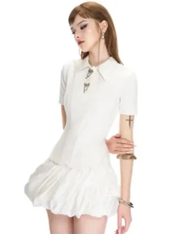 White polo neckline waist slim bud cute vitality short skirt homecoming dress R4733