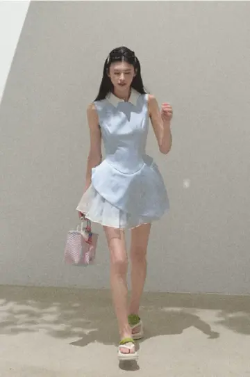 Light Blue Sleeveless Collared Mini Dress Women Tulle Layered Flare Dress R9359