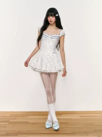 White Floral Corset Mini Dress with Ruffled Trim Neckline, Puff Cap Sleeves, Pleated Skirt and Smocked Back R9252