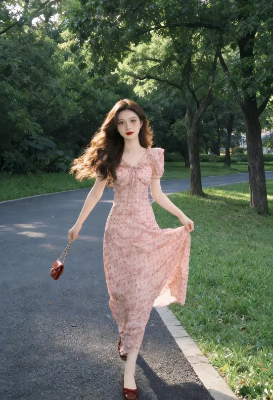 Summer Chiffon Floral Long Dress with Puff Sleeves R9110