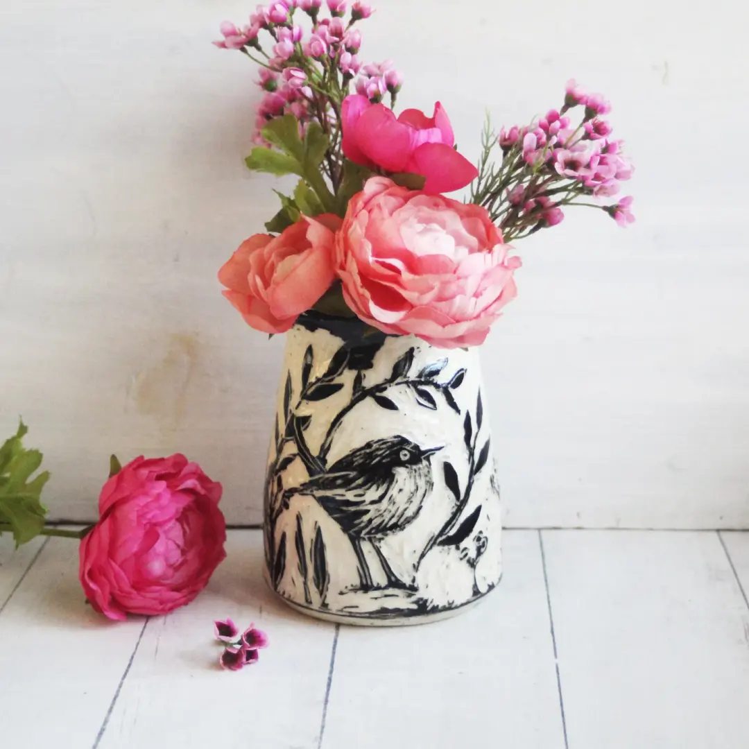 Chickadee and Wren, Carved Pottery Vase, Black and White Sgraffito Bird Art