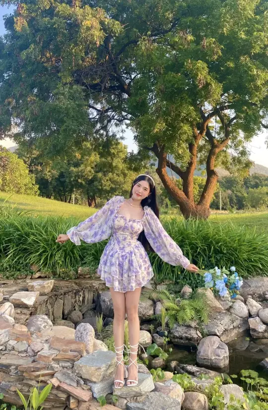 Flowy Chiffon Women's Homecoming Dress Purple Floral Waist Fitted Short Prom Gown Birthday Dress RS3294