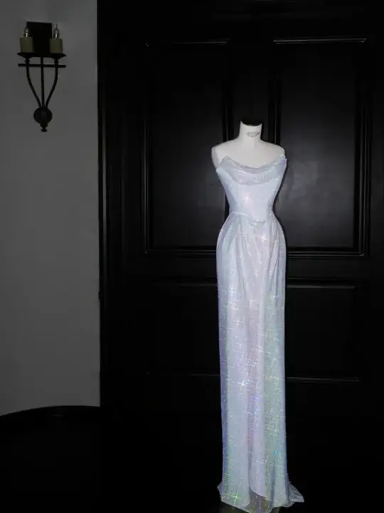 White sequined tube top slim waist sexy long skirt, prom dress R5659