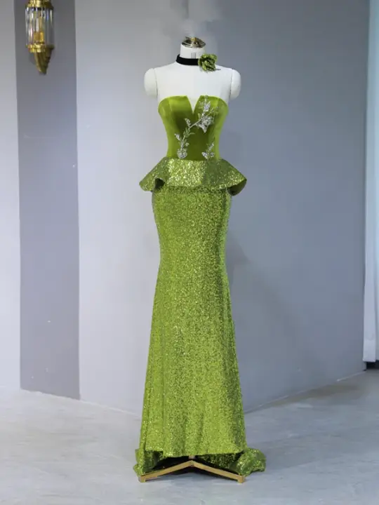 Green strapless fitted long ball gown R9038