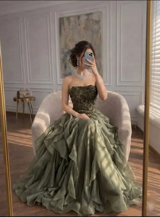 Elegant Bud Green Long Dress Ball Gown Strapless Chiffon Prom Dress Evening Dress RS016