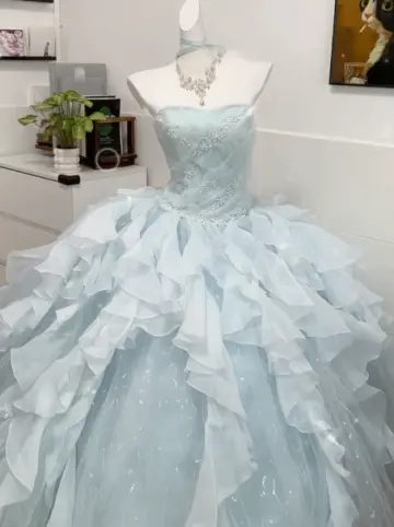 Pretty Pale Blue Quinceanera Dress ,Ball Gown Strapless Tulle Corset Maxi Evening Dress RS895
