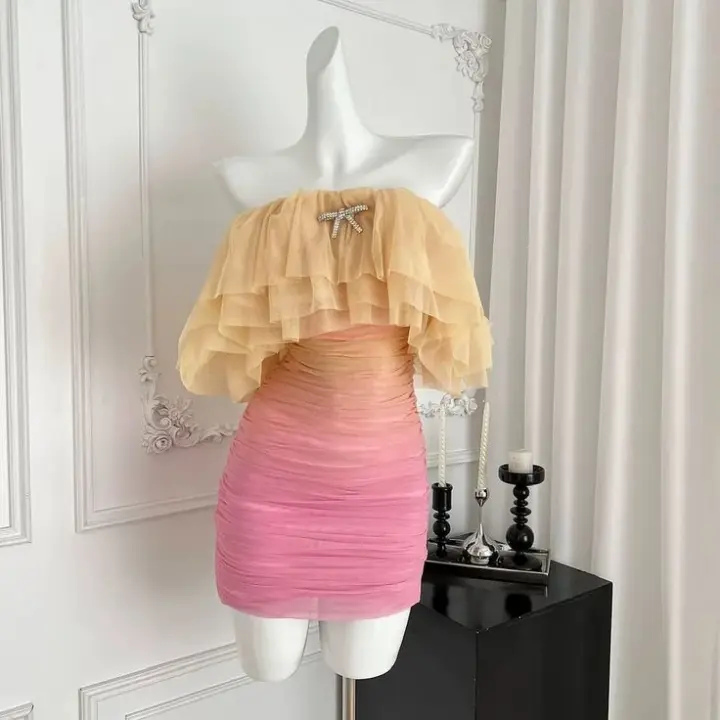 One-shoulder tube top waist-hugging hip-hugging slim short skirt homecoming dress R3512