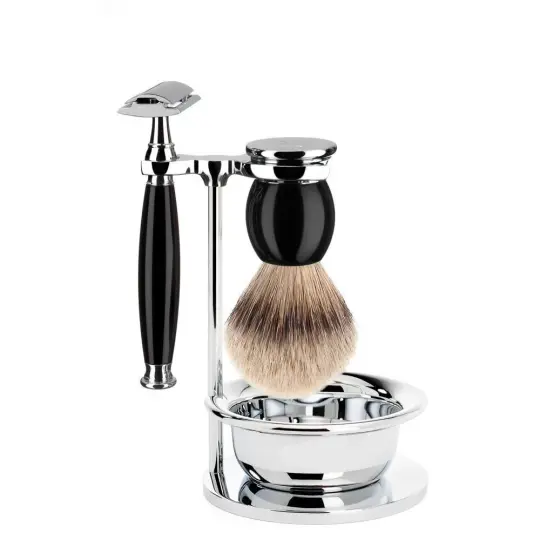 MÜHLE SOPHIST 4 Pc. Shaving Set, Silvertip Badger Brush & Safety Razor, Black