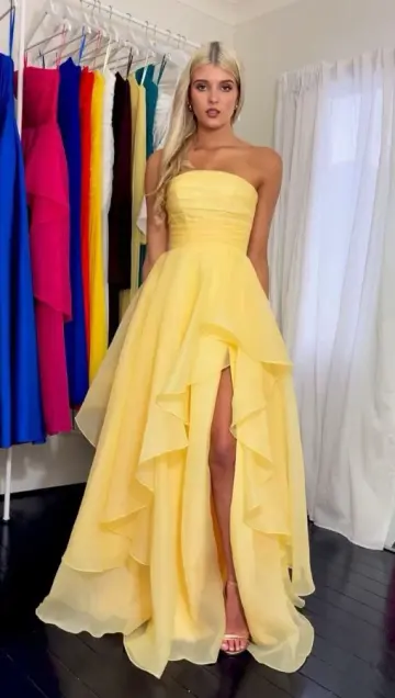Pleated High-slit Corset Prom Gown , Yellow Vibrant Women's Maxi Evening Dress Birthday Dress RS2588
