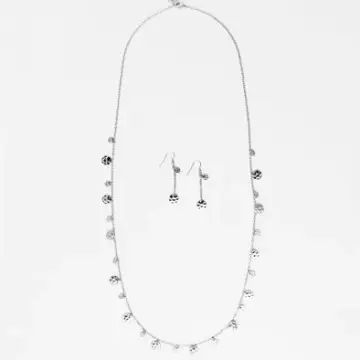 Silver Disks Long Chain Necklace and Earrings Set