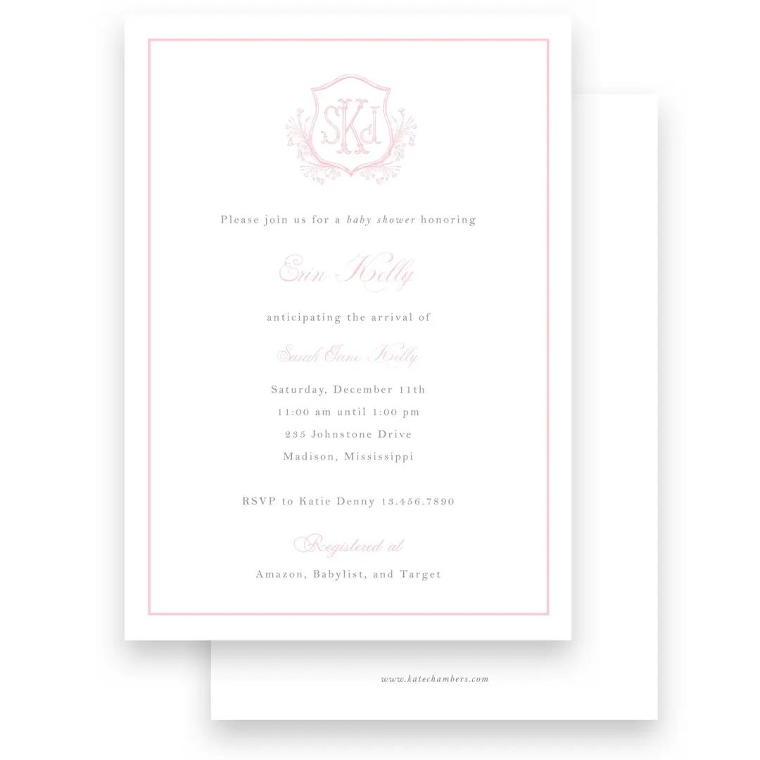 Pink Floral Monogram Girls Baby Shower Invitation