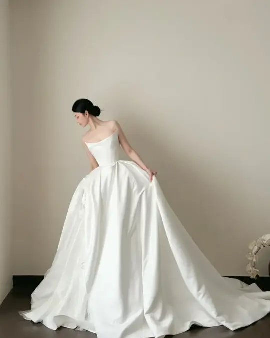 White strapless, waist-cinched, full-skirted floor-length prom gown R7953