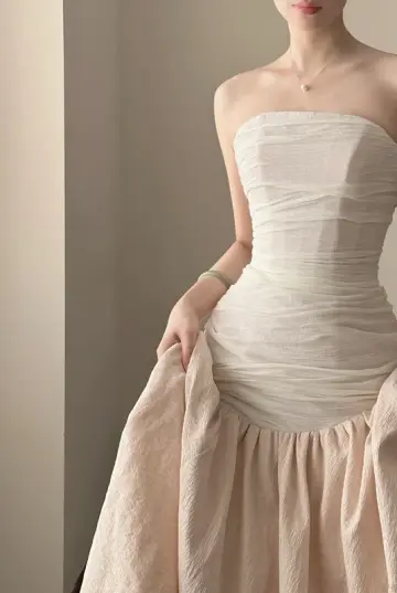 White strapless, waist-cinched, slim-fit top with a light pink long skirt, elegant prom dress R7954