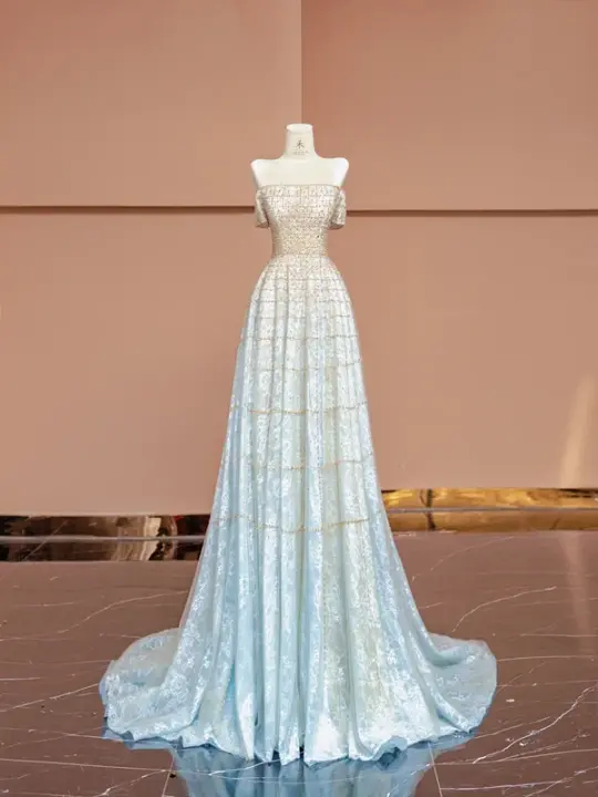 Light blue gradient strapless fitted long ball gown R8404
