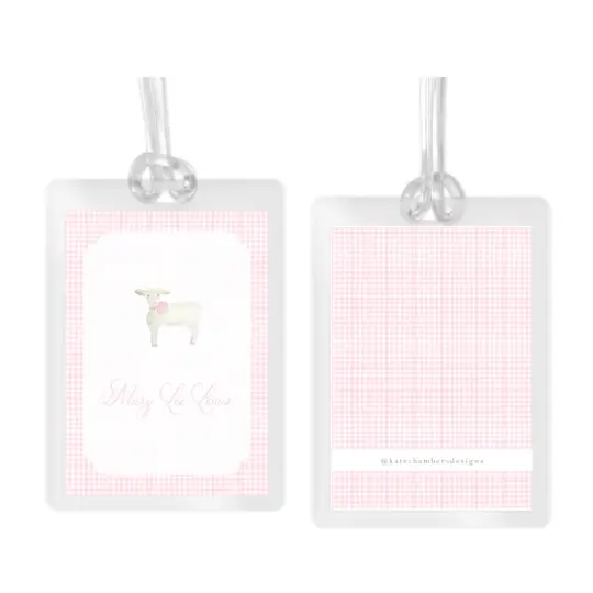 Girl's Watercolor Lamb with Bow & Pink Gingham Laminated Bag Tag